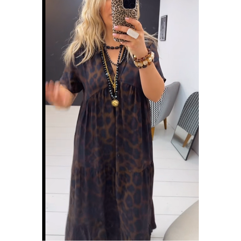 Sumoravibe - Abito lungo da donna con scollo a V e stampa leopardata