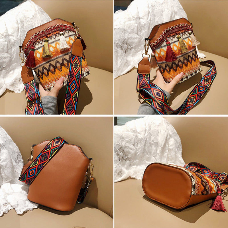 Sumoravibe - Borsa a tracolla bohemien con nappine ricamate